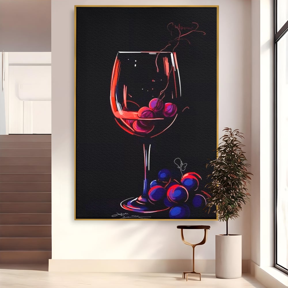 Tablou canvas cu tablou canvas cu pahar de vin si struguri, in rama de aluminiu auriu
